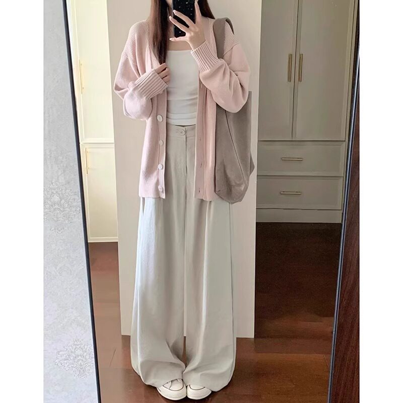 米白色奶芙西装裤女春季2026年新款小个子高腰宽松垂感休闲阔腿裤