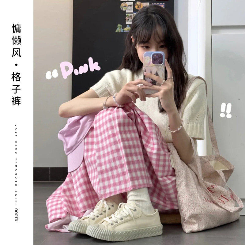 多巴胺休闲运动套装女夏季宽松韩版学生短袖时尚格子阔腿裤两件套