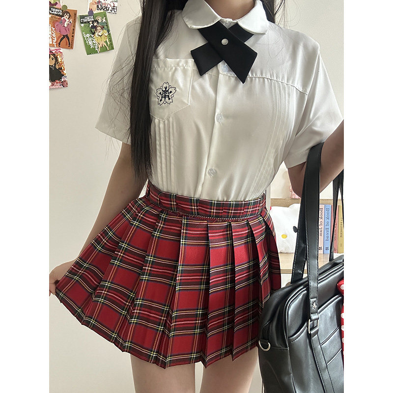 红色格裙原创正版玄JK制服套装辣妹短款裙子收腰衬衫半身裙百褶裙