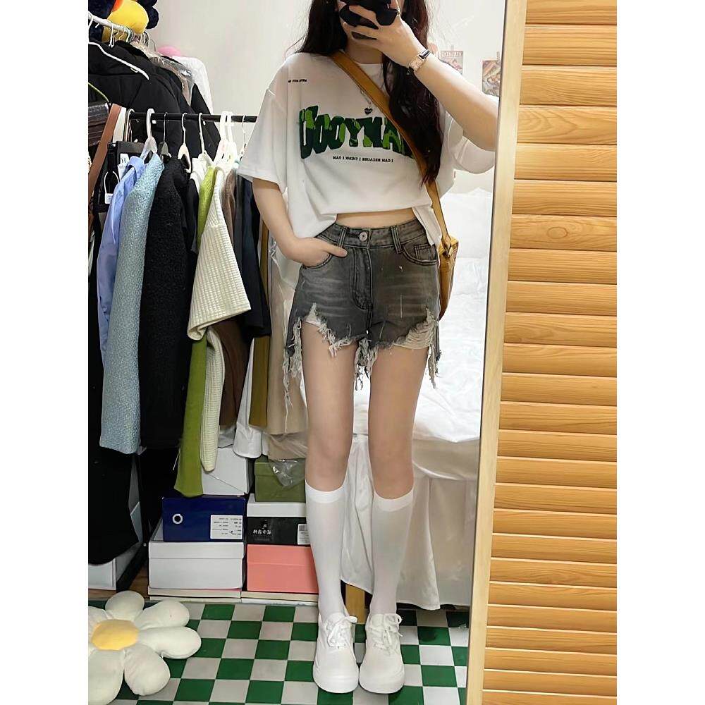 烟灰色高腰显瘦牛仔短裤女夏季大码胖mm梨形身材弹力毛边a字热裤