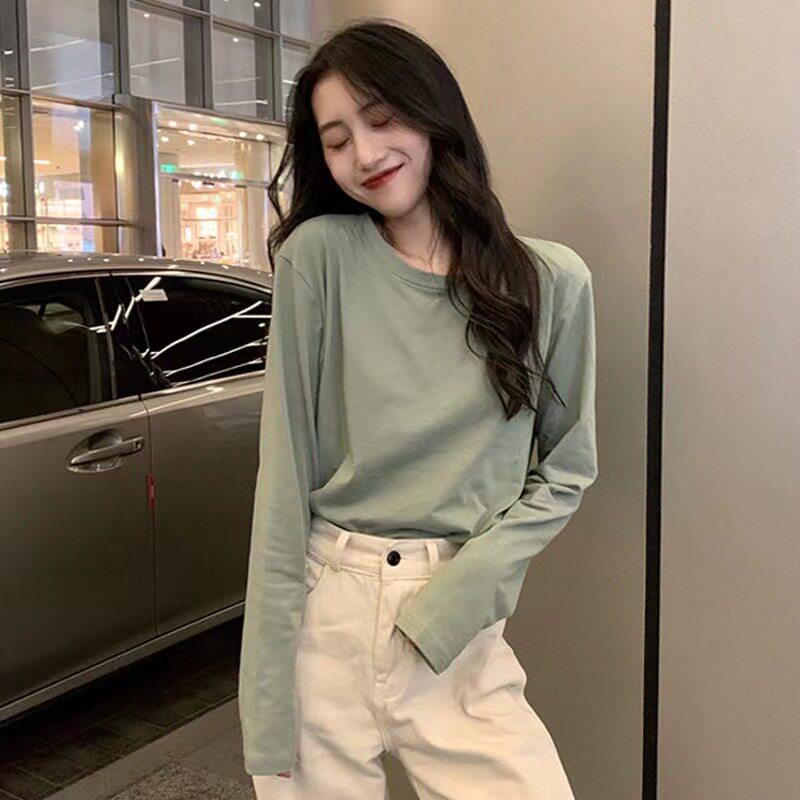 纯色内搭白色打底衫长袖T恤女装春季2026新款宽松圆领绿色上衣ins