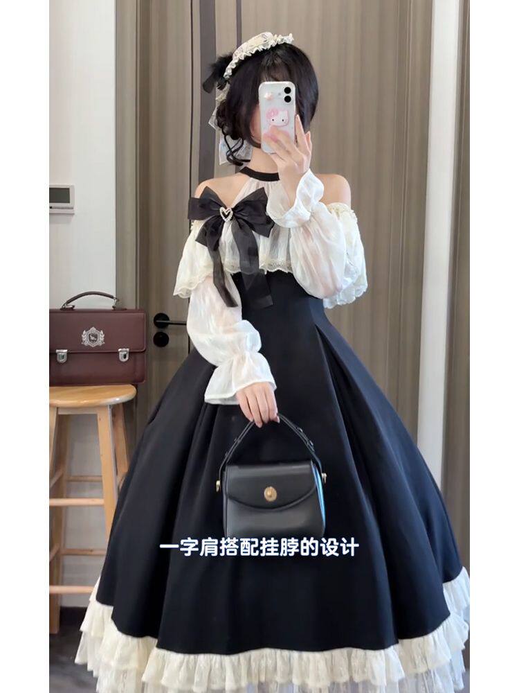 【夏日恋曲】法系温柔挂脖露肩优雅cla系lolita拼接蕾丝连衣裙女