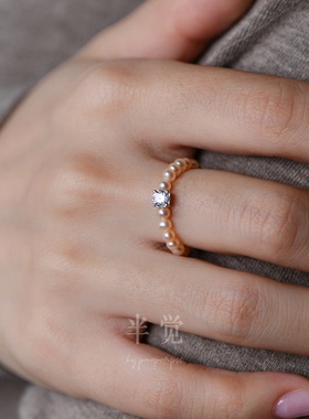 半觉金奶宝公主水钻迷你珠手工编织百搭淡水珍珠多指围礼物可开票