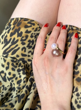 半觉紫色双珠戒指开口戒指高级感轻奢珍珠银戒指女