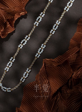 半觉设计款极光复古90cm切割白水晶金色银球白花扣子S925银毛衣链