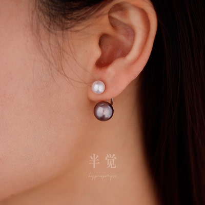 半觉九紫离火白玉6-6.5紫珠10-11大小珠经典款纯银多戴通勤耳钉
