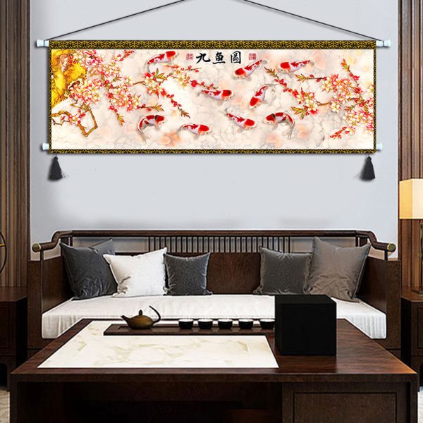 挂画九鱼图中国风装饰画茶楼布横幅挂布中式卧室床头壁画客厅挂毯图片