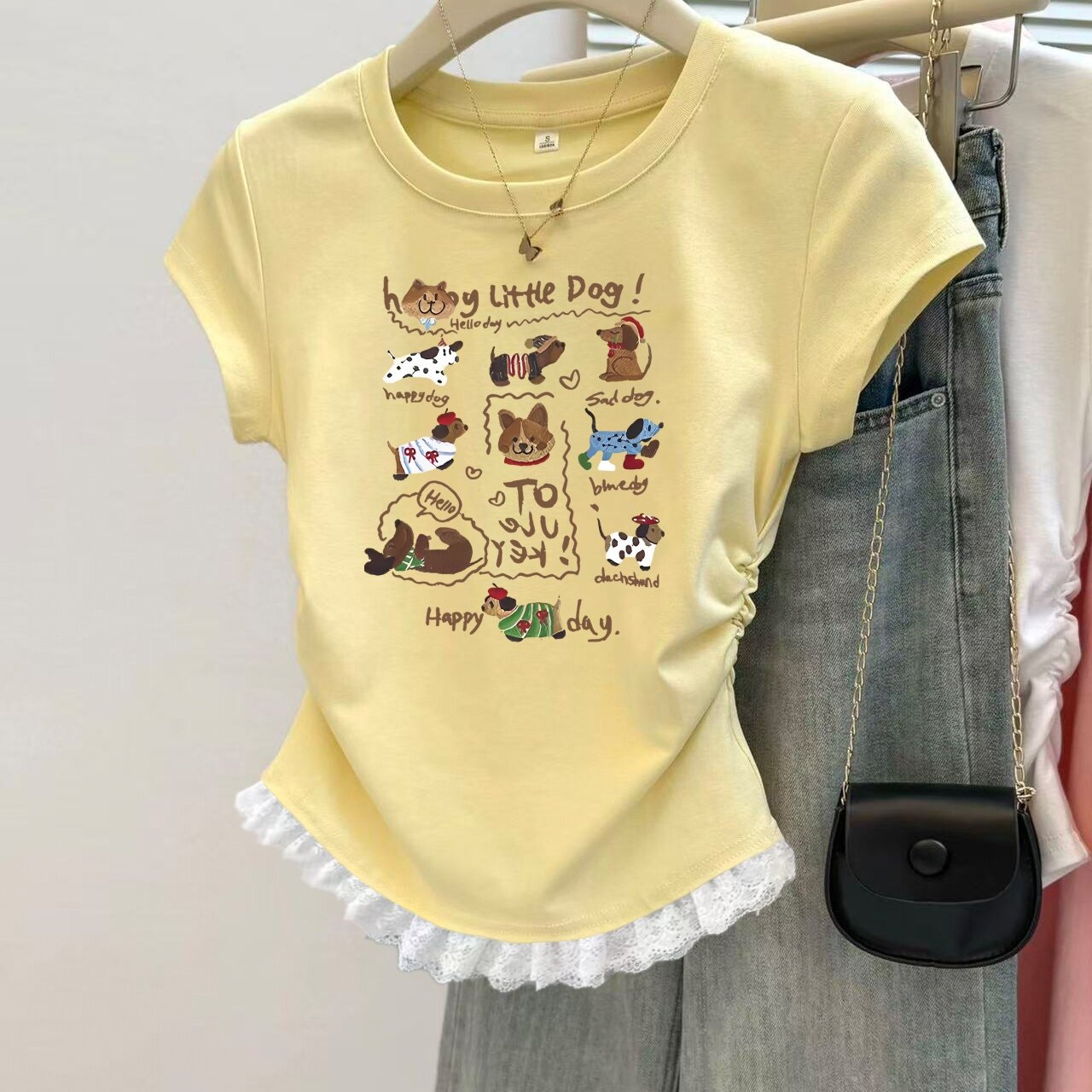 奶黄色蕾丝短款短袖t恤女夏季2026新款设计感修身正肩收腰上衣ins