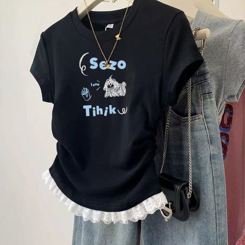 韩系甜美蕾丝花边修身小衫2025夏季新款流行上衣显瘦短袖T恤女ins