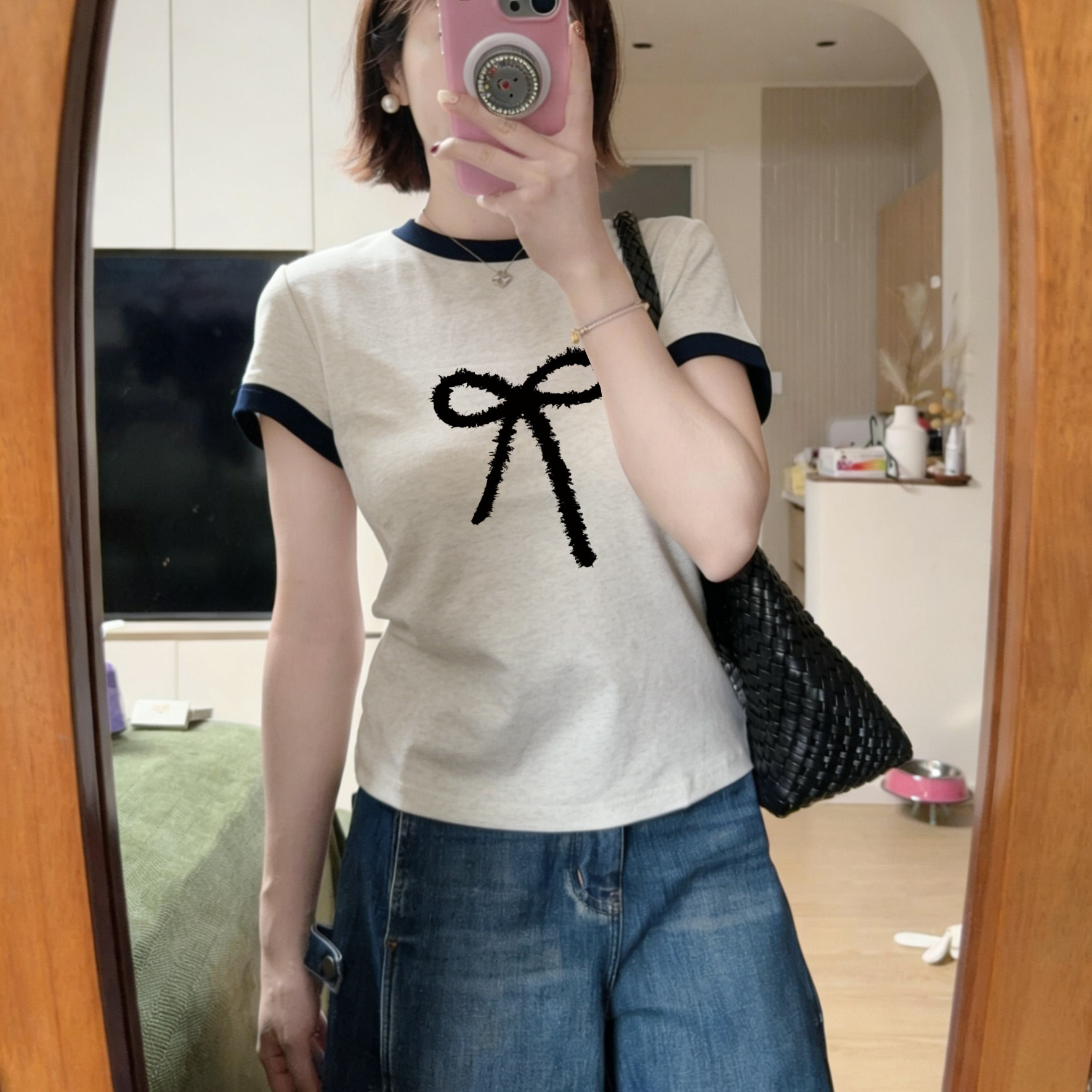 超火花灰色撞色领短袖T恤女2026夏季新款蝴蝶结印花减龄显瘦上衣