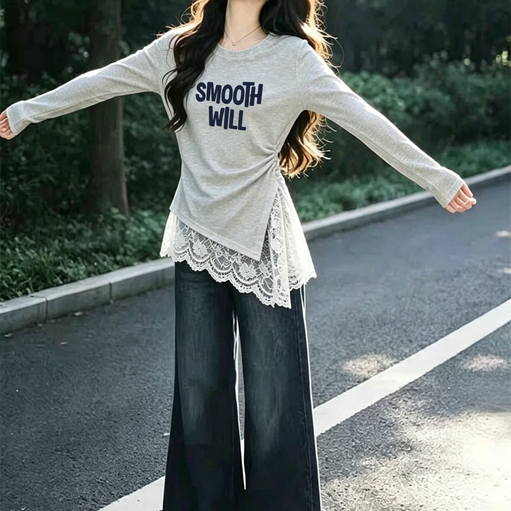 韩系设计感长袖T恤女灰色字母印花蕾丝拼接不规则下摆显瘦上衣潮
