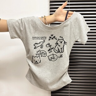 浅灰色短袖t恤女2026夏季新款设计感小众修身显瘦短款斜肩上衣ins