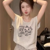 美式 甜辣妹卡通印花t恤宽松休闲针织上衣 街头冰丝坎肩背心女夏季