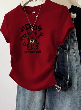 红色小狗短款正肩短袖t恤女夏季2025新款爆款小个子修身显瘦上衣