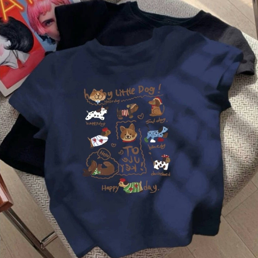 藏蓝色2025正肩短袖t恤女夏季新款美式深蓝色小个子修身紧身上衣