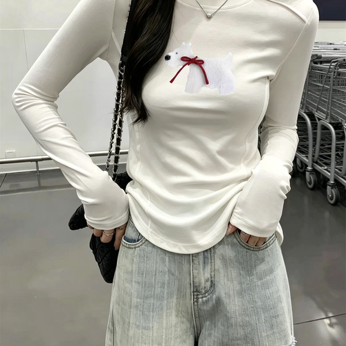 白色新款圆领秋季打底衫长袖韩系设计感修身显瘦上衣女内搭t恤女