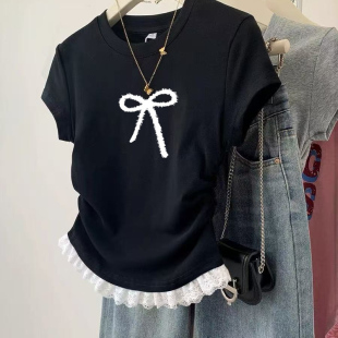 T恤女蝴蝶印花设计感小众打底蕾丝上衣ins潮 正肩短袖 2026新款 夏季