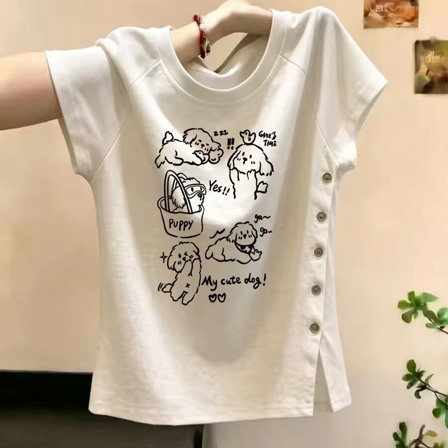 法式独特巨好看卡通小狗印花短袖T恤女白色纽扣装饰修身减龄上衣