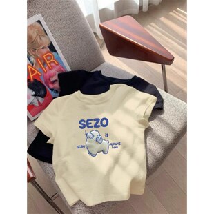 奶黄色短袖 圆领显瘦卡通小羊甜美别致漂亮独特上衣 女正肩t恤夏季