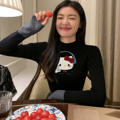 半高领撞色长袖针织衫女2025秋冬季高级感修身显瘦内搭打底衫毛衣