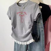 2025新款 内搭小众上衣 短款 蝴蝶结印花正肩女士t恤减龄夏季 修身