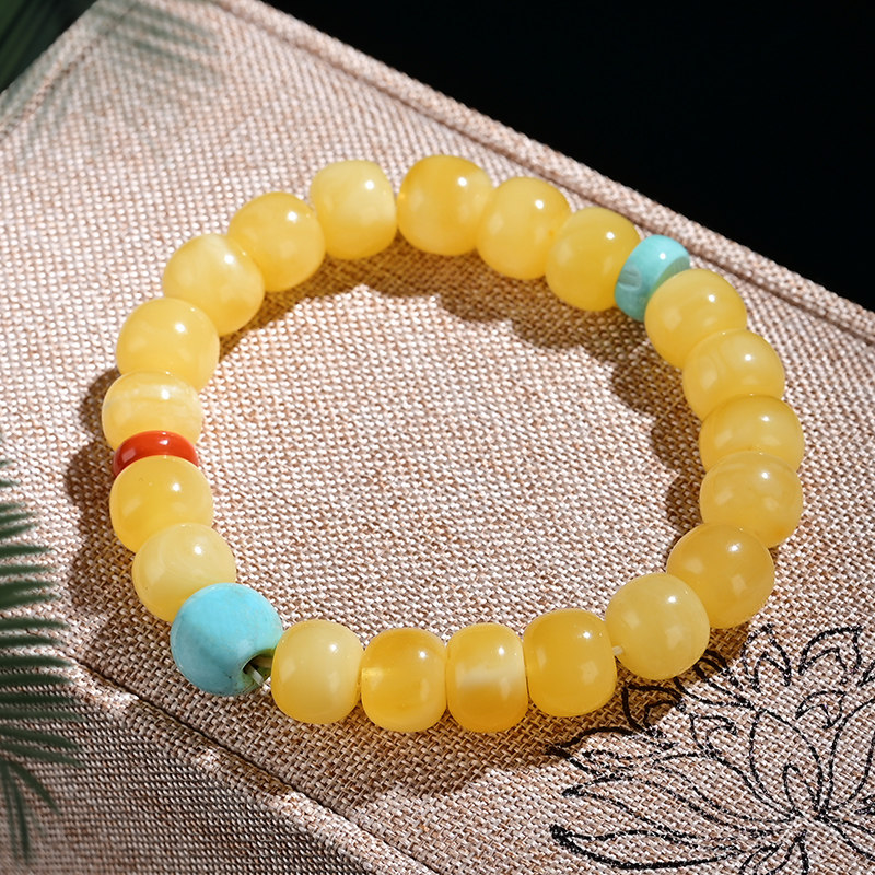 极速蜜蜡手串21颗佛珠手链天然鸡A油黄单圈项链 2颗绿松石 南红