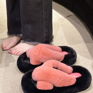极速日本GP真h兔毛毛拖鞋女冬外穿2023新款厚底家居室内防滑交叉