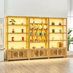 极速新中式茶叶展示架实木茶室茶庄普洱存储柜多T宝阁博古架玻璃