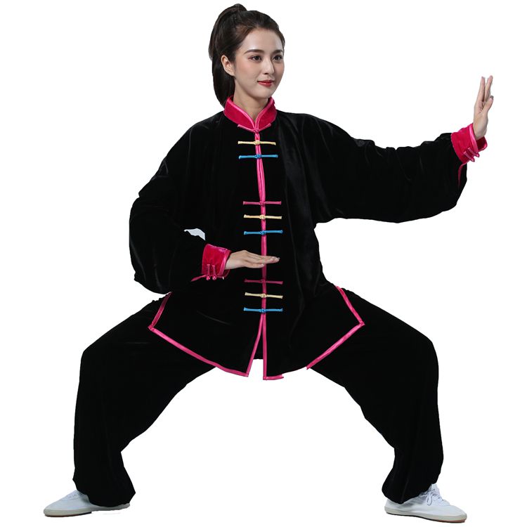 新品彩扣镶色太极服女秋r冬加厚金丝绒保暖中老年武术练功服八段