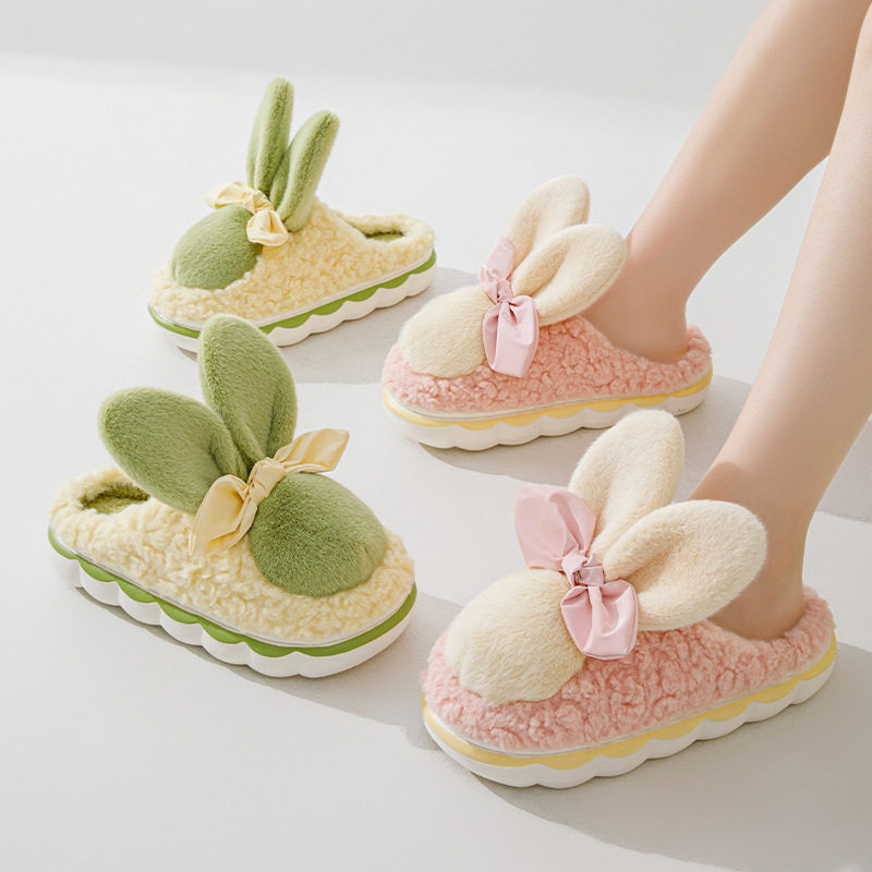 新品大耳朵兔棉拖鞋女秋冬季卡通室D内居家厚底防滑加绒毛毛棉拖