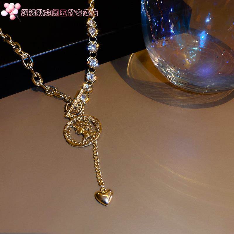 新品欧美时d尚金属钱币链条项链气质镶钻Y型锁骨链短款毛衣炼女