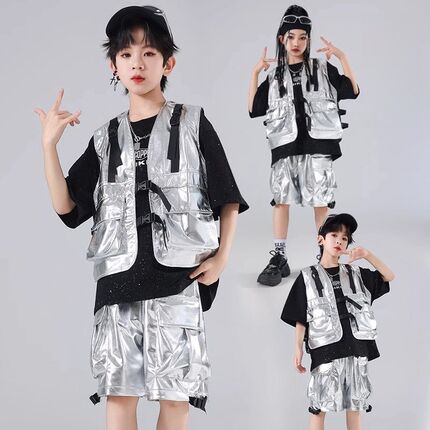 极速街舞服装嘻哈风炸街夏嘻哈银色亮F皮套装演出服女孩宽松帅气
