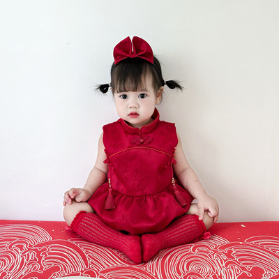 女宝宝周岁礼服夏季新款红色中式抓周服龙宝宝百天满月宴一岁生日