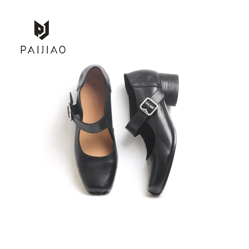 排角猪鼻子芭蕾鞋马皮水洗做旧