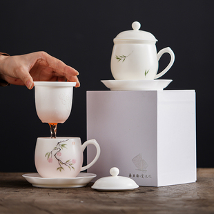 羊脂玉瓷办公水杯手绘泡茶杯茶水分离会议杯个人专用茶杯礼盒礼品