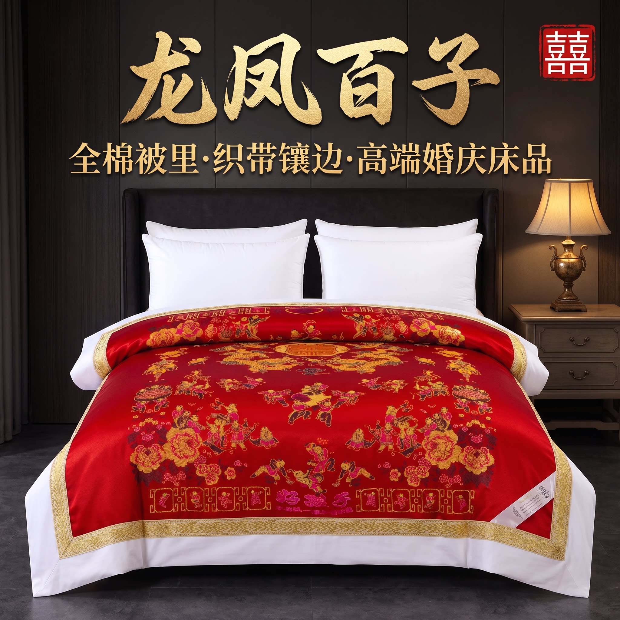 馨朵芙龙凤丝绸被套单件婚庆全棉被里色织提花缎面结婚陪嫁喜被罩