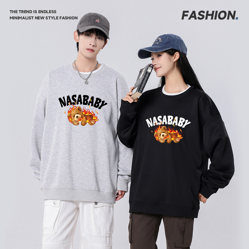 秋季复古印花上衣男女宽松型休闲小众百搭圆领连帽ins卫衣