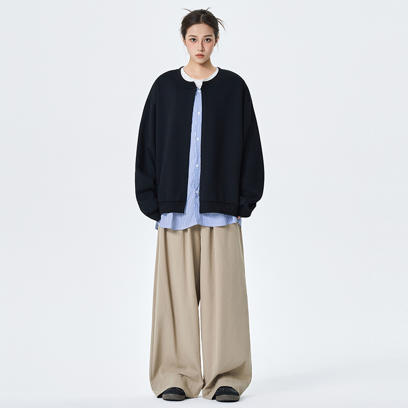 美式复古条纹假两件开衫卫衣男女秋季潮牌慵懒宽松情侣外套