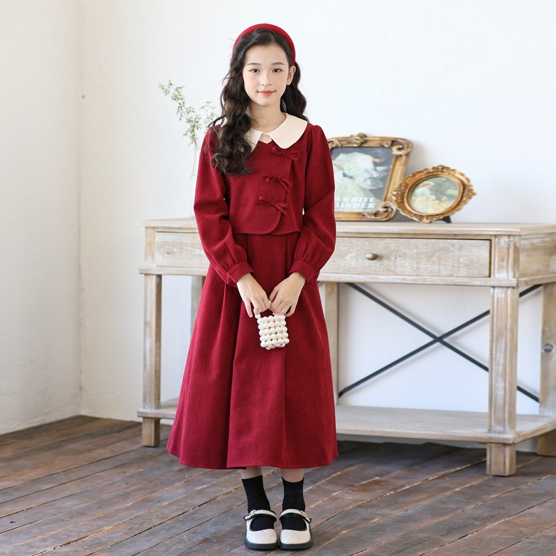 女童连衣裙2024春秋冬复古中大童加绒翻领新中式国风新年红色裙子