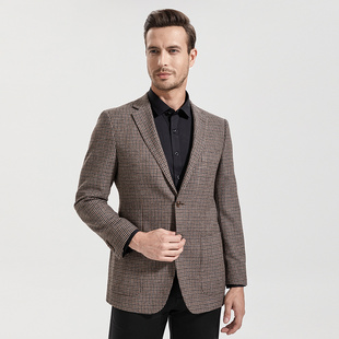 浪登男士秋冬格纹羊毛商务西服外套时尚英伦风休闲平驳领休闲单西