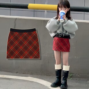 女童春秋红色格子包臀裙儿童洋气高腰圣诞毛呢a字裙复古半身短裙