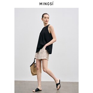 Mingsi2024夏季新品黑色砖红色挂脖设计上衣