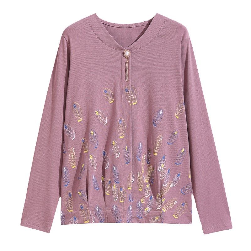 中老年女装妈妈打底衫春秋2024新款纯棉长袖t恤女时尚洋气v领上衣