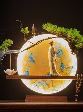 禅意李白陶瓷雕像古代人物 USB灯圈创意博古架茶室工艺品装饰摆件