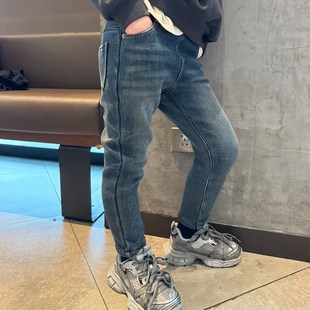 童装男童加绒牛仔小脚修身瘦版烟管裤子2024冬季宝宝简约儿童长裤