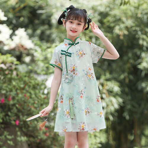 儿童复古旗袍夏季女童连衣裙洋气2026新款中国风短袖绣花裙子夏装