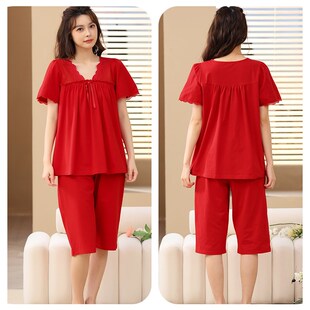 红色睡衣女夏季丝光棉短袖七分裤2024年新款夏天薄款家居服套装