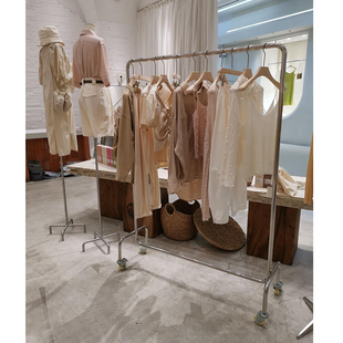 服装店展示架不锈钢拉丝银挂衣杆女装店落地架侧挂中岛带轮衣架子