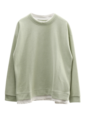 豆绿色米妮绒清新假两件薄款圆领套头厚棉T女秋季宽松休闲叠穿上