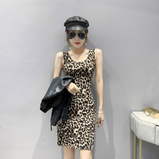 性感豹纹吊带连衣裙女2021早秋新款 显瘦包臀裙子 内搭打底背心修身